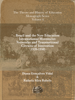 Cover image of Brazil and the New Education InternOpaque background images show a map of the world, text from historical Brazilian documents and a group of people involved in the movement.